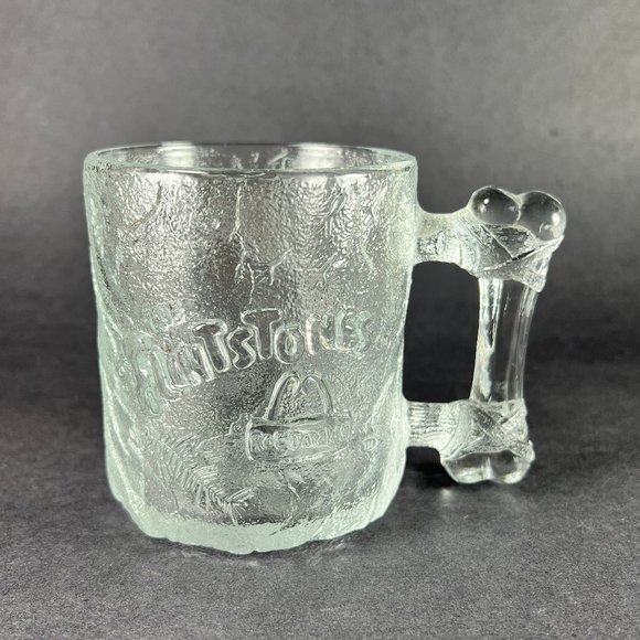 McDonalds Clear Frosted Glass Pre Dawn Flintstones Coffee Tea Cocoa Mug Cup VTG - Picture 1 of 11